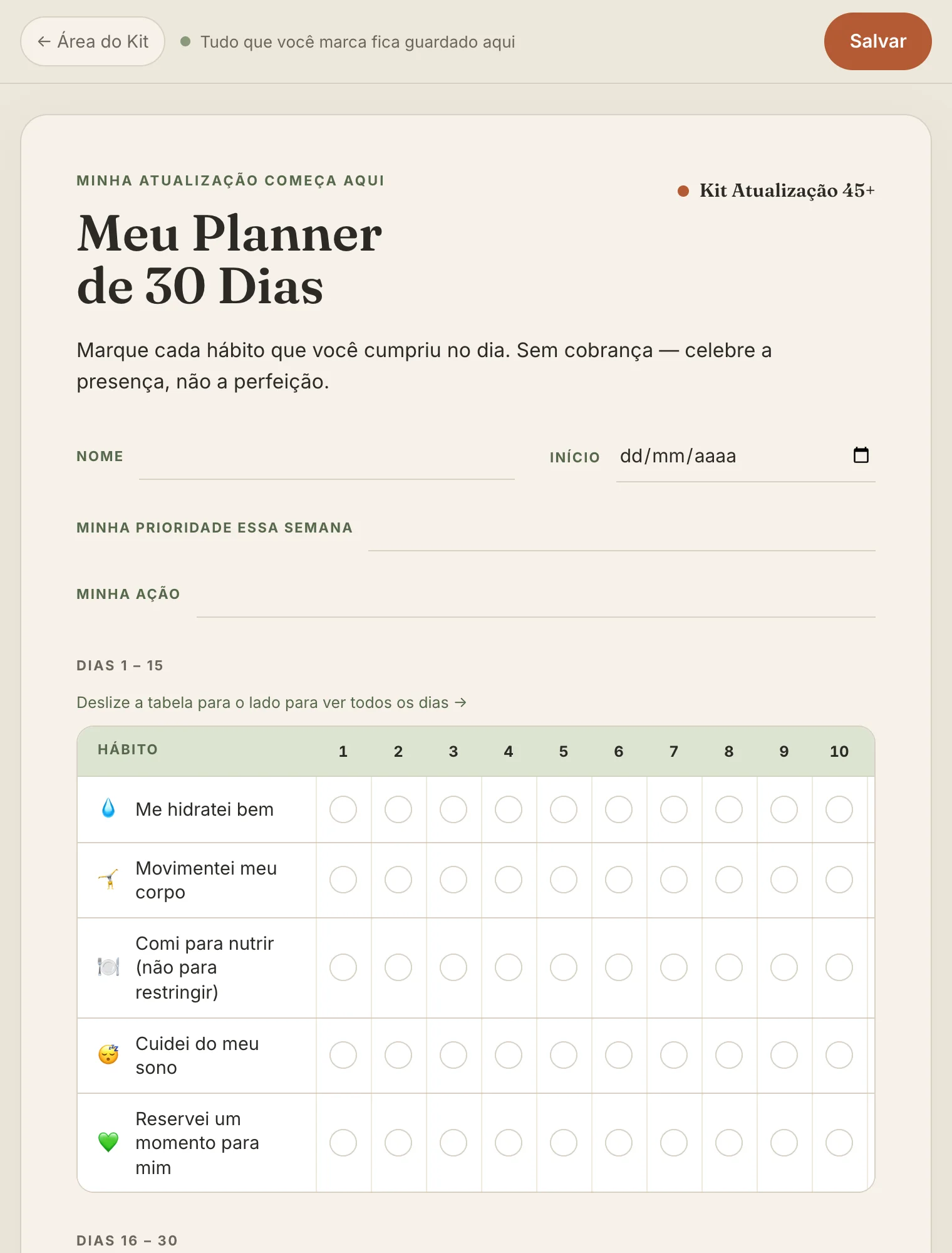 Tela real do Planner de 30 Dias, com a grade de hábitos