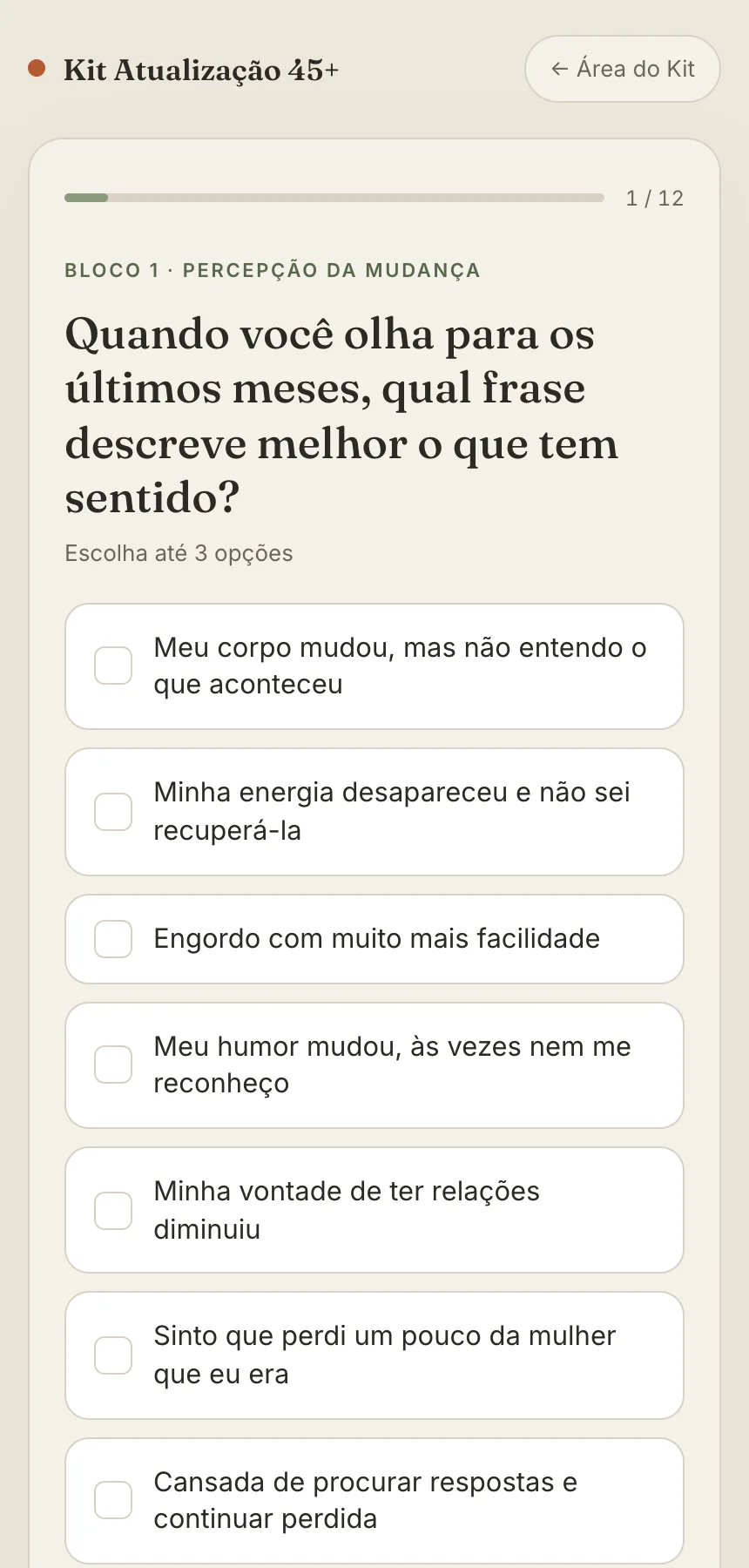 Tela real do Quiz: primeira pergunta, com as alternativas para marcar